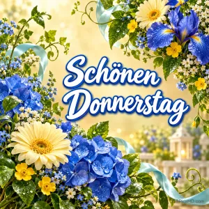 Blaue und gelbe Blumen mit Tautropfen und hellblauen Bändern umrahmen den Gruß "Schönen Donnerstag".