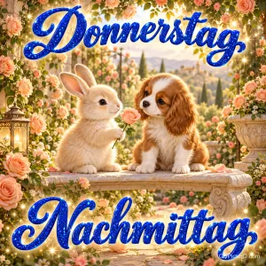 Ein Kaninchen hält einem Welpen auf einer Steinbank eine Rose hin, dazu steht "Donnerstag, Nachmittag,".