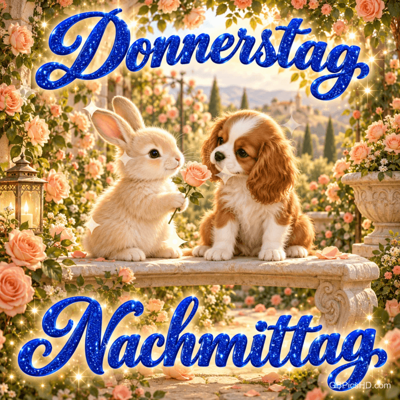Ein Kaninchen hält einem Welpen auf einer Steinbank eine Rose hin, dazu steht "Donnerstag, Nachmittag,". Ein Kaninchen hält einem Welpen auf einer Steinbank eine Rose hin, dazu steht "Donnerstag, Nachmittag,".