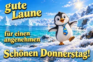 Ein Pinguin mit blauer Krawatte steht am eisigen Meer unter dem Gruß "Gute Laune für einen angenehmen schönen Donnerstag!".