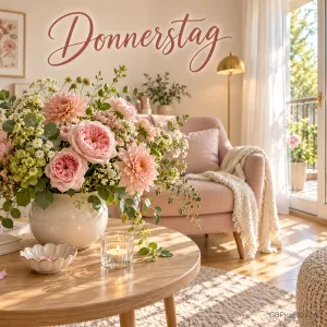 Ein rosa Blumenstrauß und eine Kerze stehen vor einem Sessel im sonnigen Wohnzimmer mit dem Schriftzug "Donnerstag".