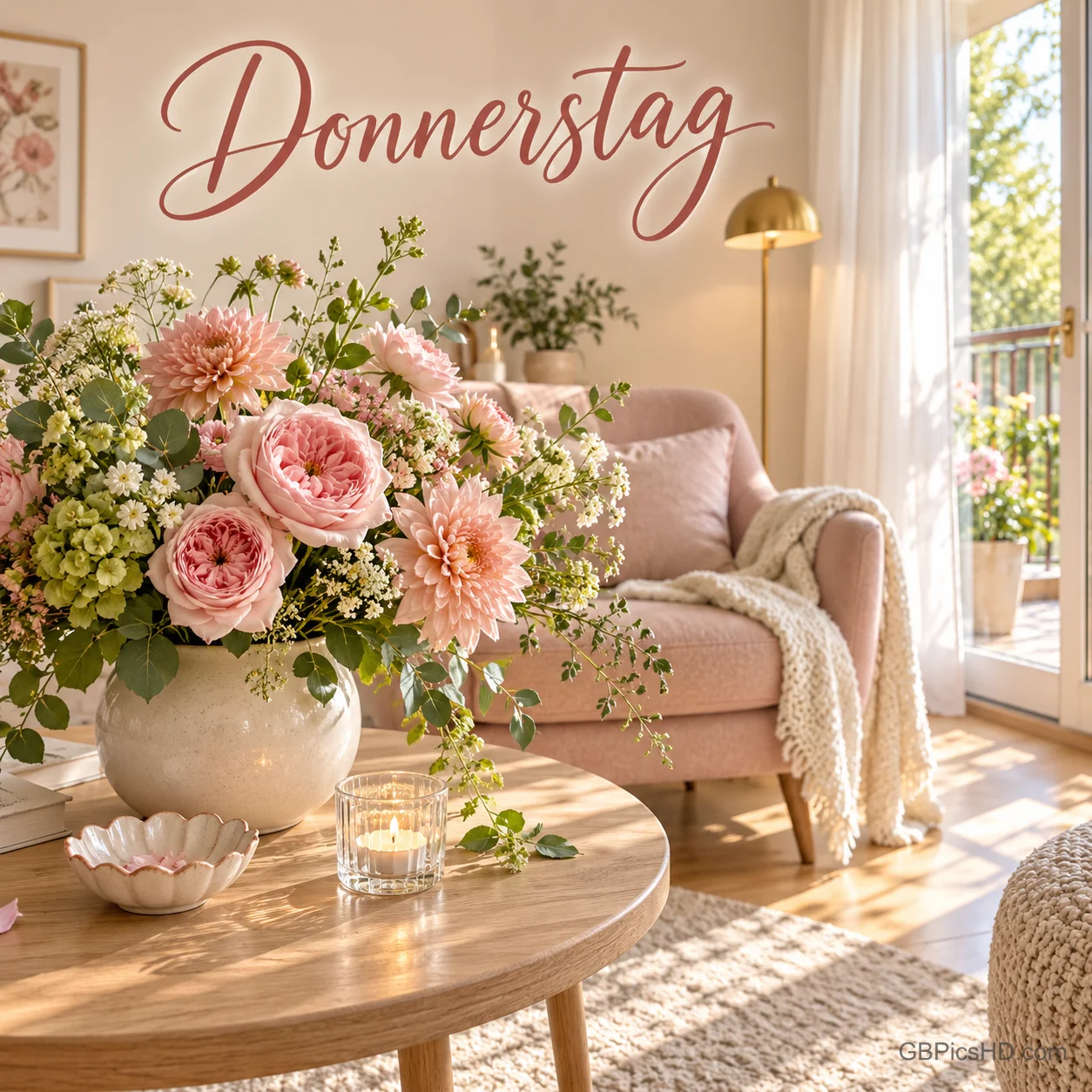 Ein rosa Blumenstrauß und eine Kerze stehen vor einem Sessel im sonnigen Wohnzimmer mit dem Schriftzug "Donnerstag". Ein rosa Blumenstrauß und eine Kerze stehen vor einem Sessel im sonnigen Wohnzimmer mit dem Schriftzug "Donnerstag".