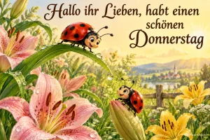 Zwei Marienkäfer sitzen zwischen rosa und gelben Lilien, dazu steht "Hallo ihr Lieben, habt einen schönen Donnerstag".