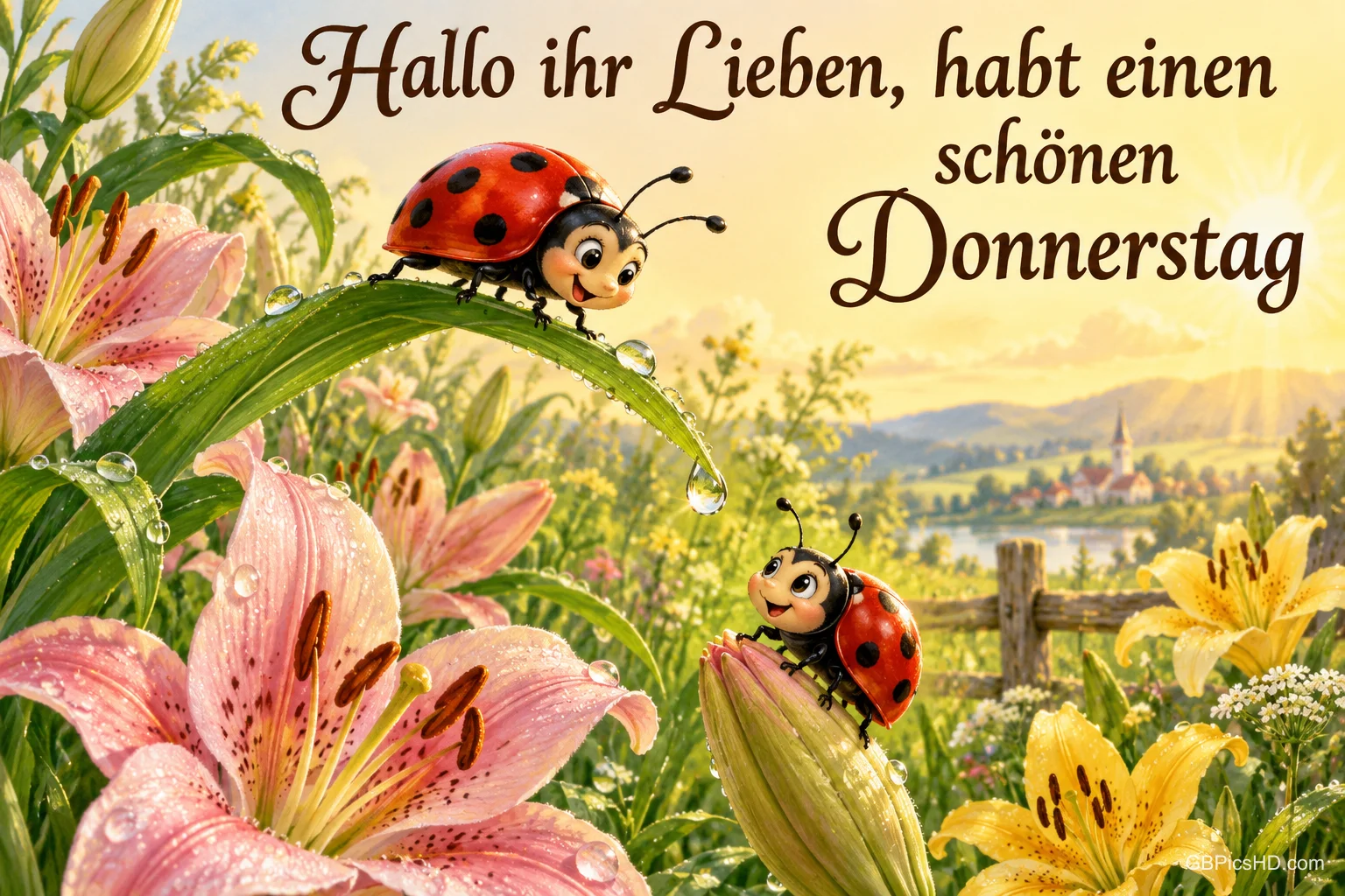 Zwei Marienkäfer sitzen zwischen rosa und gelben Lilien, dazu steht "Hallo ihr Lieben, habt einen schönen Donnerstag". Zwei Marienkäfer sitzen zwischen rosa und gelben Lilien, dazu steht "Hallo ihr Lieben, habt einen schönen Donnerstag".