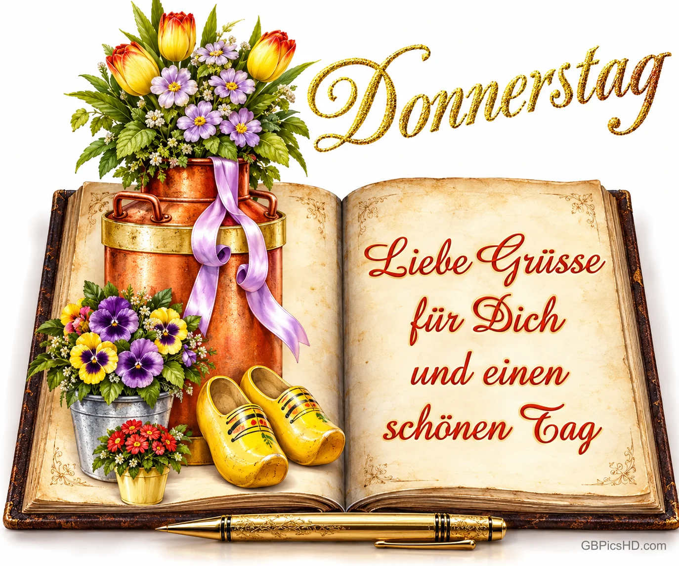 Blumen und gelbe Holzschuhe stehen auf einem offenen Buch: "Donnerstag Liebe Grüße für Dich und einen schönen Tag".