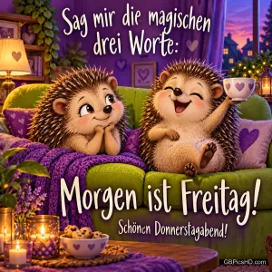 Zwei fröhliche Igel auf einem grünen Sofa mit Kerzen, Keksen und Teetasse, dazu der Spruch "Sag mir die magischen drei Worte: Morgen ist Freitag!"