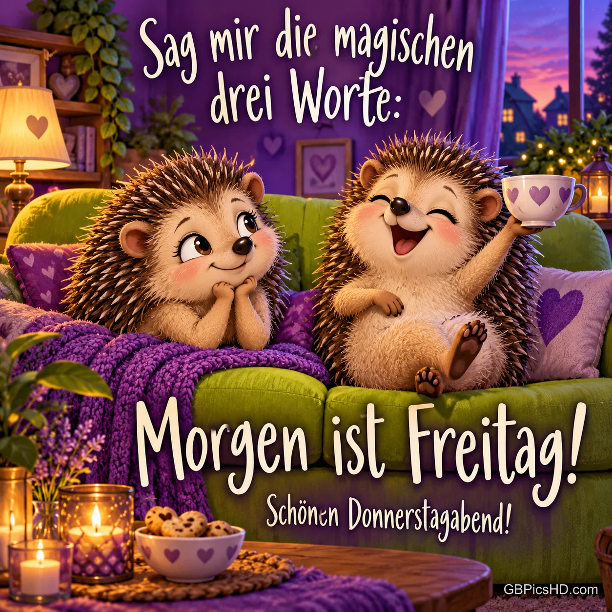 Zwei fröhliche Igel auf einem grünen Sofa mit Kerzen, Keksen und Teetasse, dazu der Spruch "Sag mir die magischen drei Worte: Morgen ist Freitag!"
