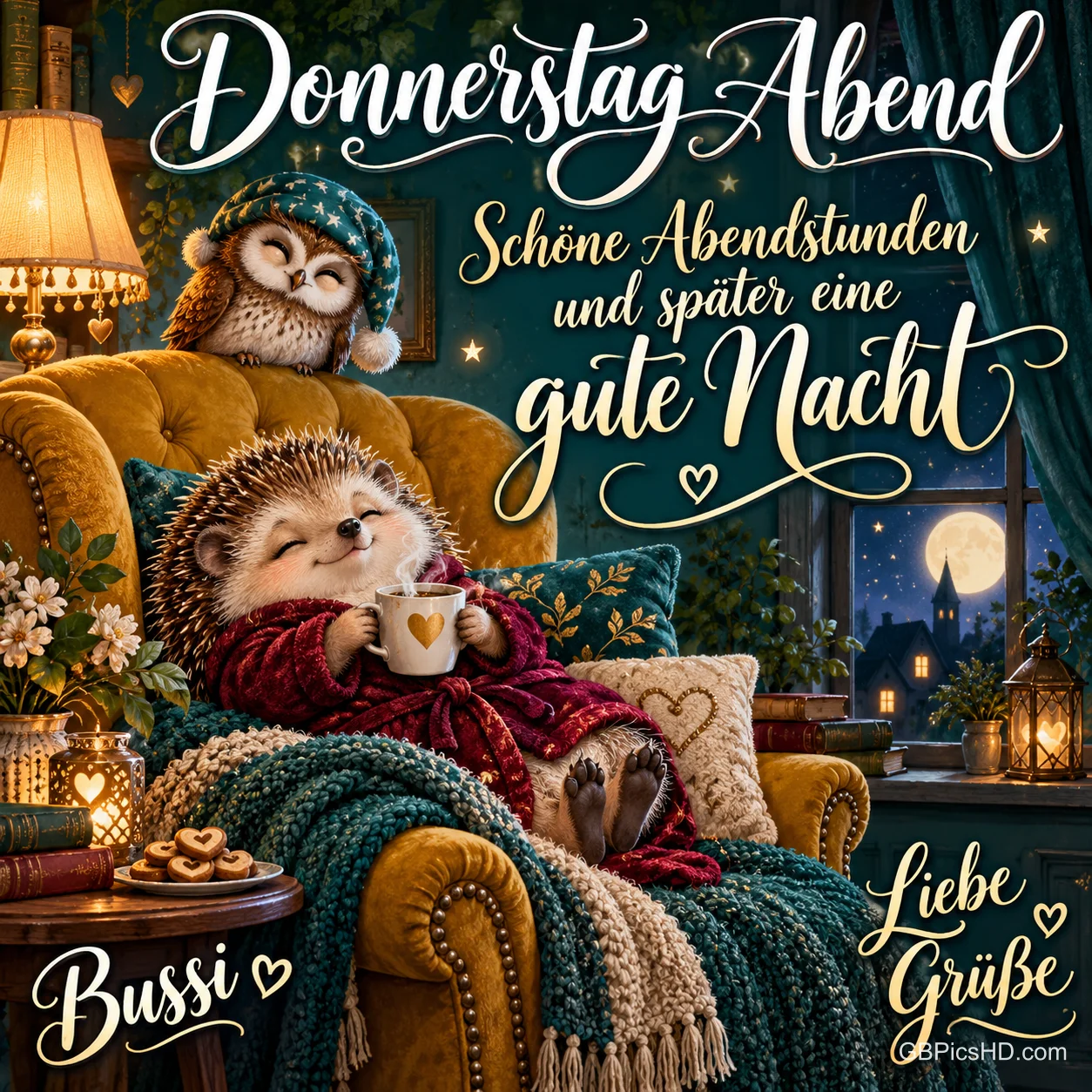 Ein Igel im Bademantel ruht mit Tasse im Ohrensessel, daneben eine schlafende Eule und Mondlicht, Text "Donnerstag Abend – Schöne Abendstunden und später eine gute Nacht"