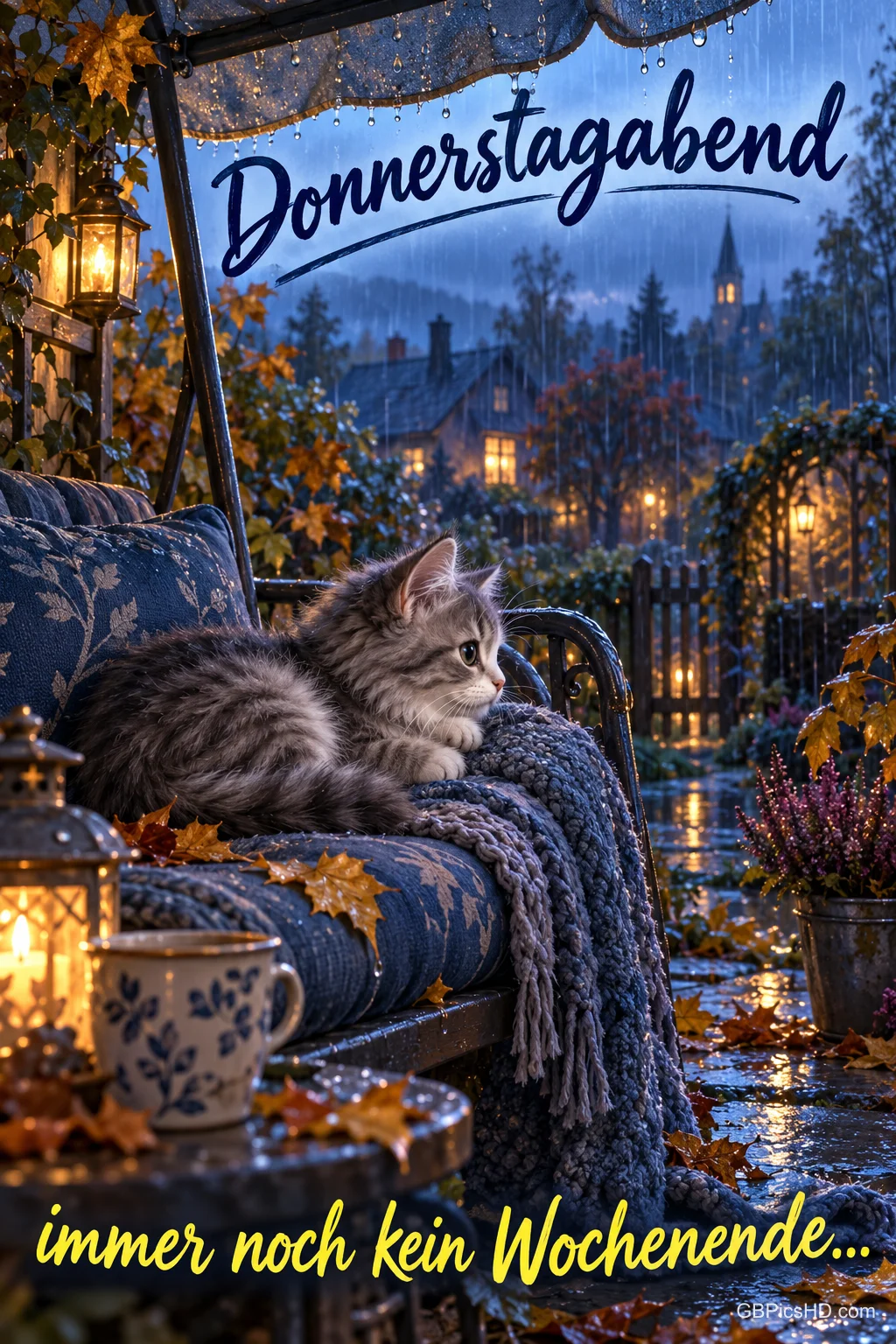 Eine graue Katze liegt auf einer Hollywoodschaukel bei Regen und Herbstlaub, Laternen leuchten, Schriftzug "Donnerstagabend – immer noch kein Wochenende..."