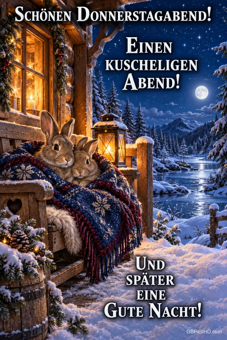 Zwei Hasen kuscheln unter einer Decke auf einer verschneiten Hüttenveranda mit Laterne und Mond, Text "Einen kuscheligen Abend! Und später eine gute Nacht!"