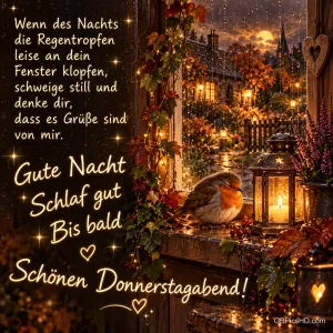 Ein Rotkehlchen sitzt am Fenster neben einer Laterne im Herbstregen, dazu das Gedicht "Wenn des Nachts die Regentropfen leise an dein Fenster klopfen" und Gute-Nacht-Grüße