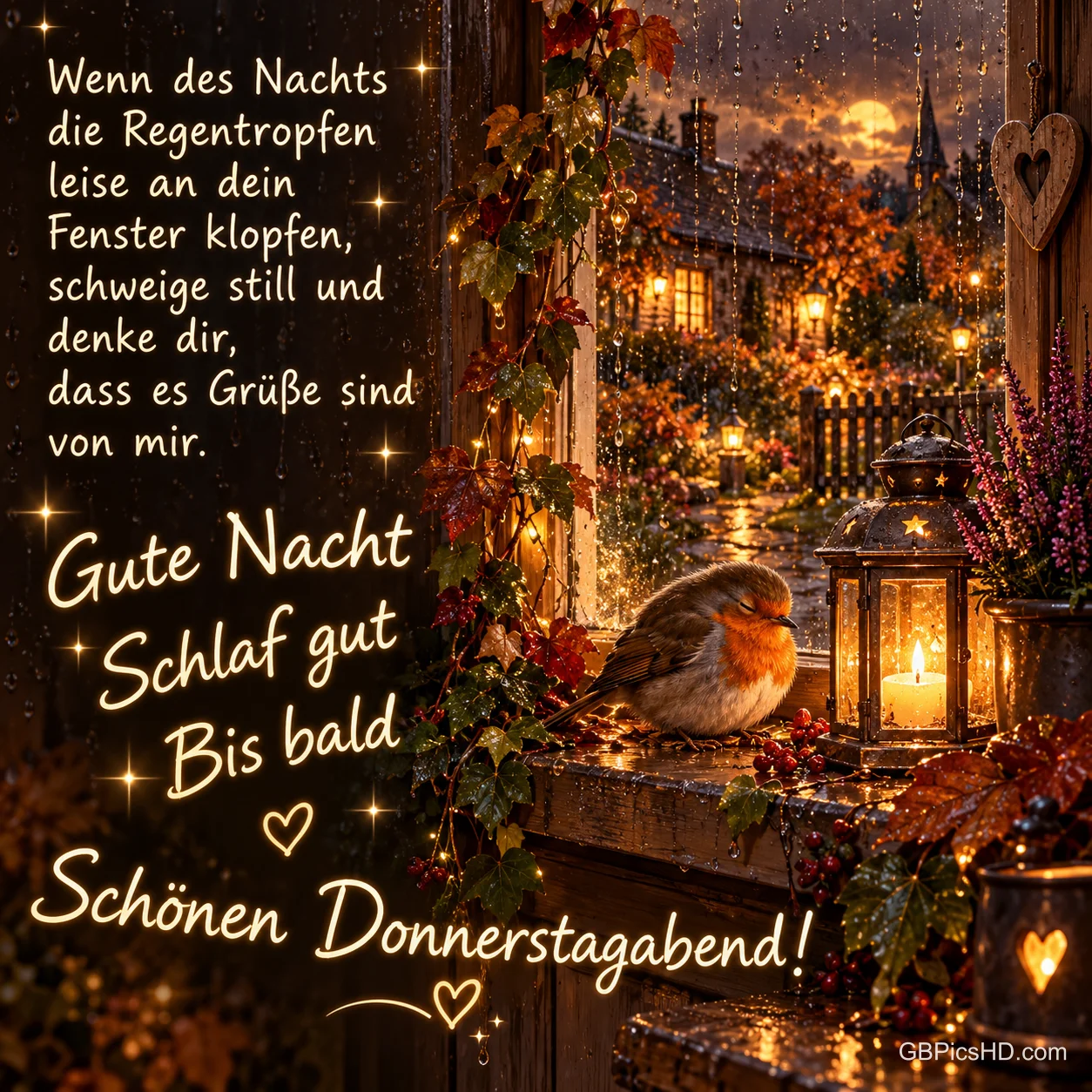 Ein Rotkehlchen sitzt am Fenster neben einer Laterne im Herbstregen, dazu das Gedicht "Wenn des Nachts die Regentropfen leise an dein Fenster klopfen" und Gute-Nacht-Grüße