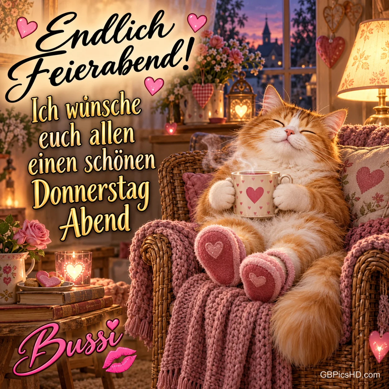 Eine zufriedene rote Katze mit Herzsocken und Tasse im Korbsessel bei Lampenlicht, Text "Endlich Feierabend! Ich wünsche euch allen einen schönen Donnerstag Abend"
