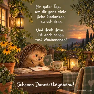 Ein Igel schreibt am Gartentisch mit Laterne und Sonnenblumen einen Brief bei Sonnenuntergang, Text "Und denk dran: ist doch schon fast Wochenende!"