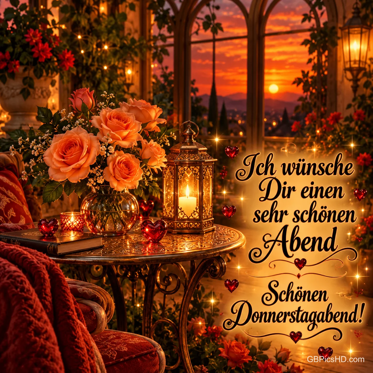 Orange Rosen in einer Vase, Laterne und Kerzen auf einem Tisch vor bogenförmigen Fenstern im Abendrot, Text "Ich wünsche Dir einen sehr schönen Abend"