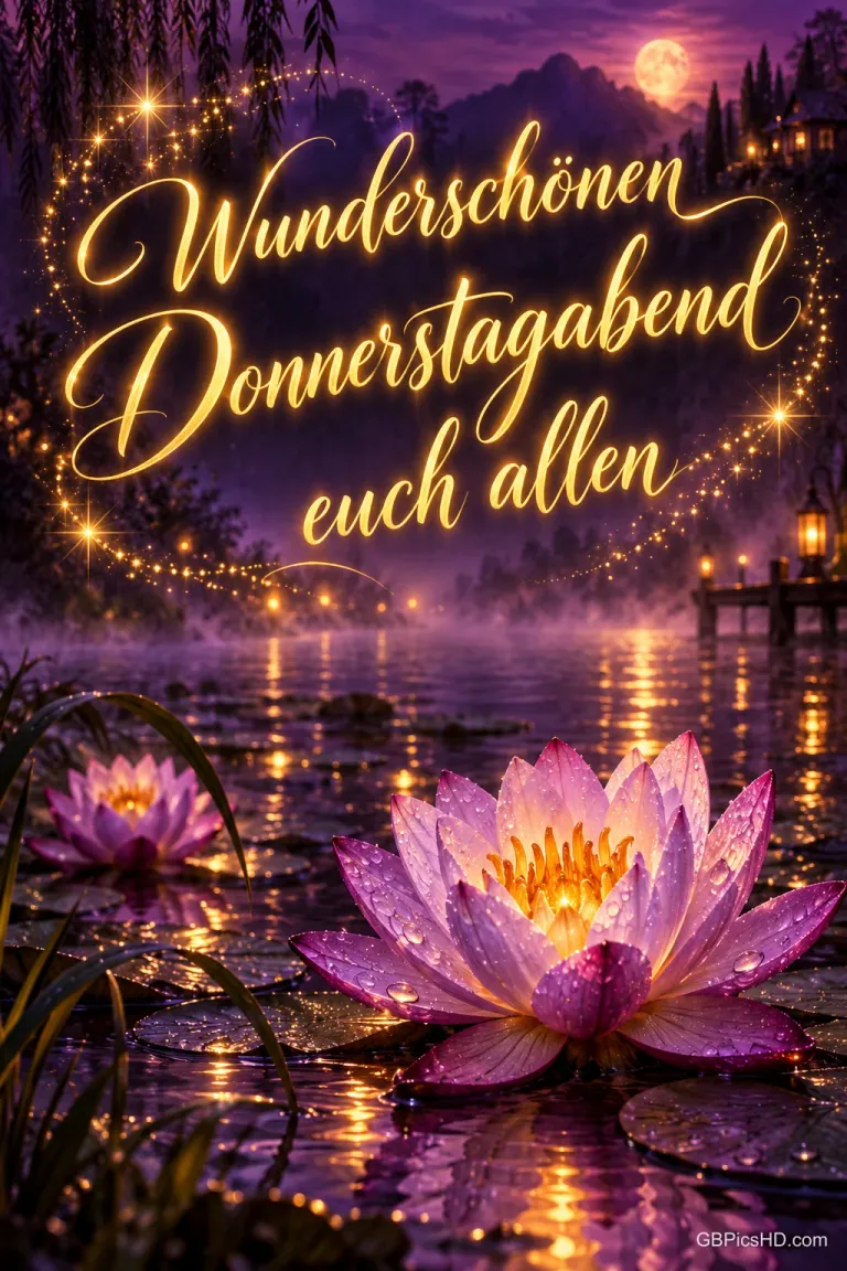 Rosa Seerosen auf einem glitzernden See bei Mondschein, umrahmt von einem goldenen Lichterkreis mit dem Gruß "Wunderschönen Donnerstagabend euch allen"