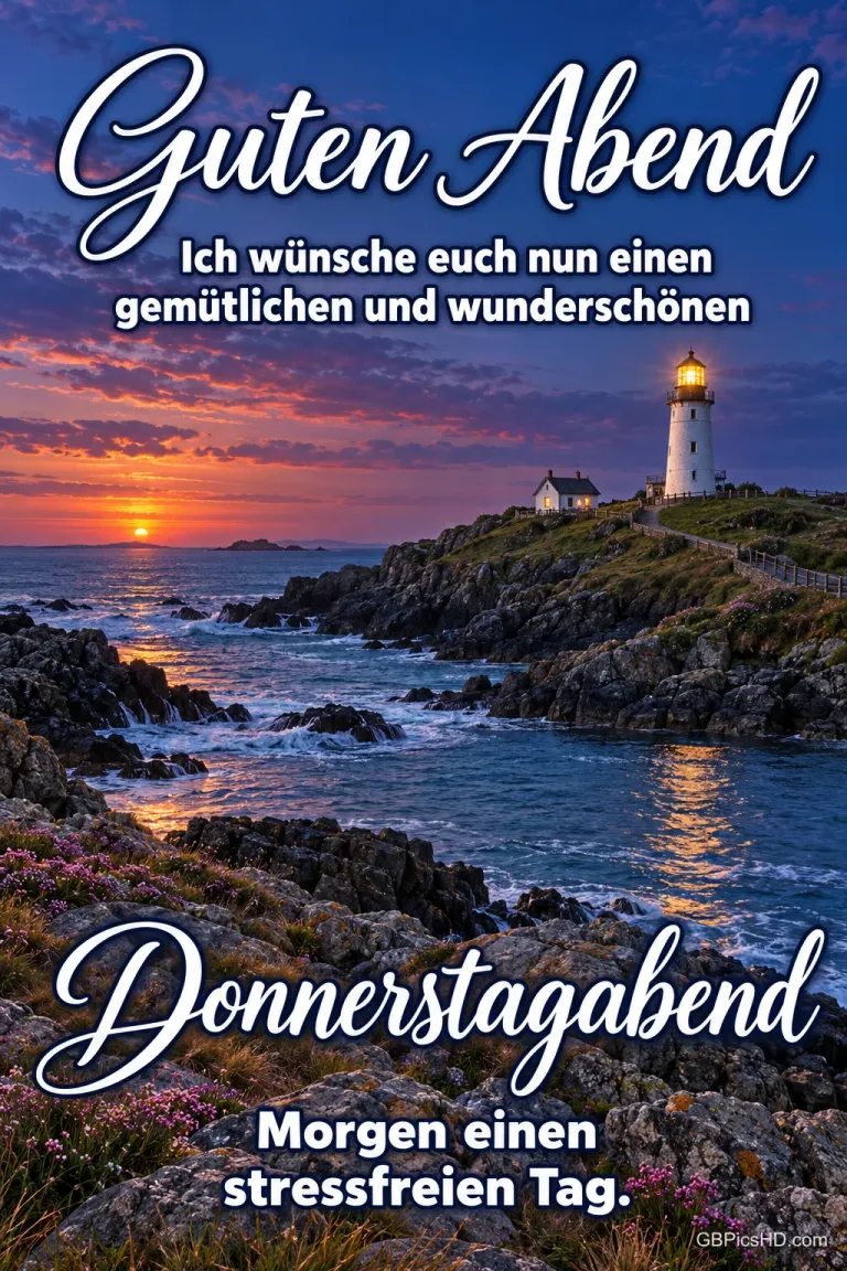 Ein Leuchtturm auf einer felsigen Küste in der Abenddämmerung über dem Meer, dazu der Gruß "Guten Abend" und "Morgen einen stressfreien Tag."