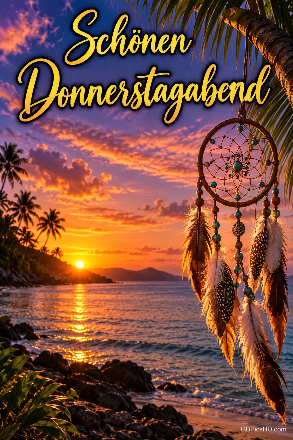 Ein Traumfänger mit Federn hängt unter Palmen vor einem orangefarbenen Sonnenuntergang am Meer, dazu der goldene Schriftzug "Schönen Donnerstagabend"
