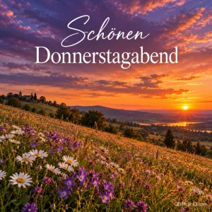 Bunter Sonnenuntergang über einer hügeligen Wiese voller Margeriten und lila Wildblumen mit dem eleganten Schriftzug "Schönen Donnerstagabend"