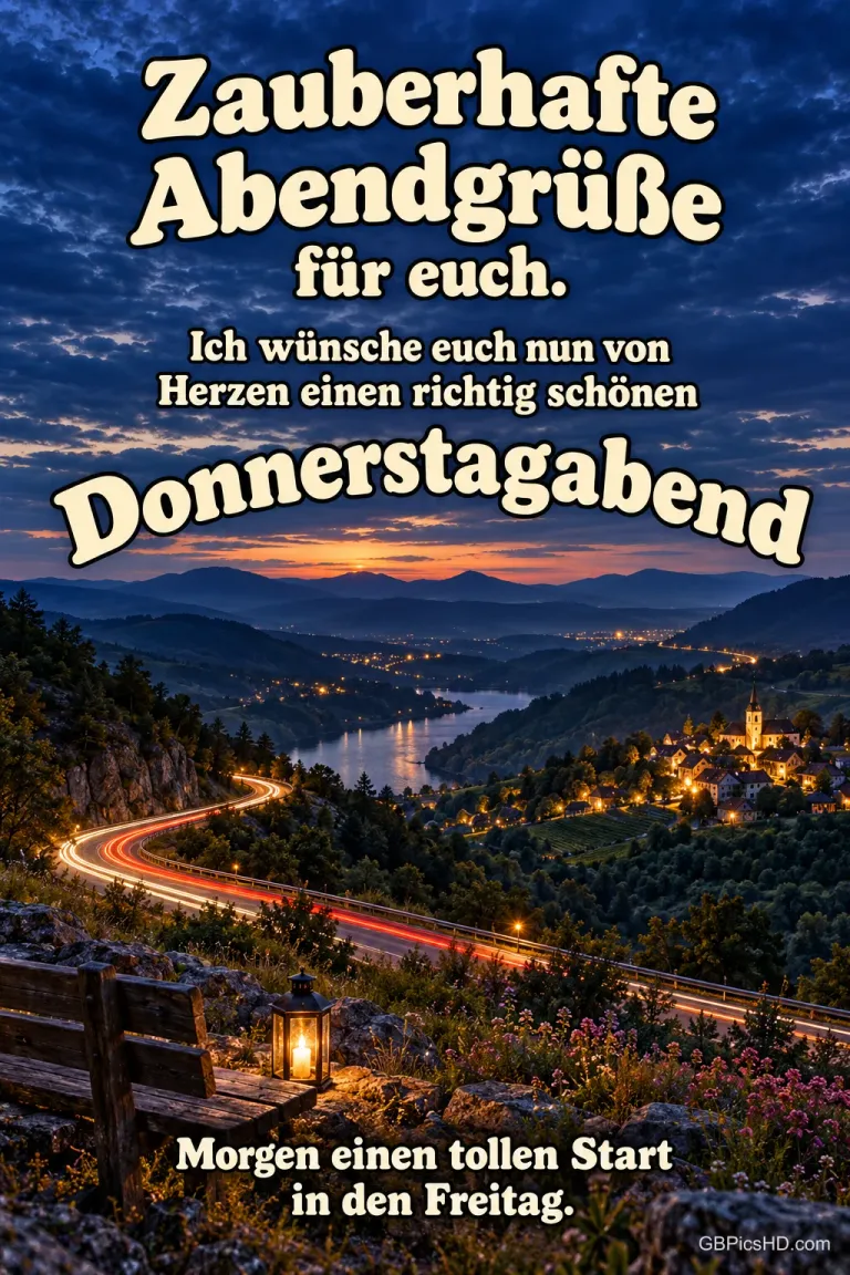 Blick über ein Flusstal bei Nacht mit kurviger Straße und leuchtenden Lichtspuren, Text "Zauberhafte Abendgrüße für euch" und "Morgen einen tollen Start in den Freitag."