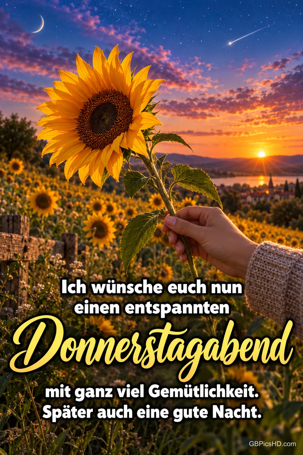 Eine Hand hält eine Sonnenblume über einem Sonnenblumenfeld im Abendrot, am Himmel Mondsichel und Sternschnuppe, Text "Ich wünsche euch nun einen entspannten Donnerstagabend"