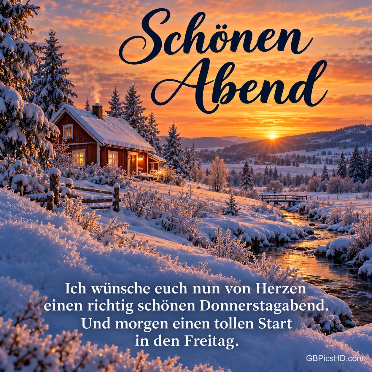 Verschneite Winterlandschaft mit rotem Holzhaus, Bach und Tannen im Sonnenuntergang, Text "Schönen Abend" und Wünsche für einen tollen Start in den Freitag