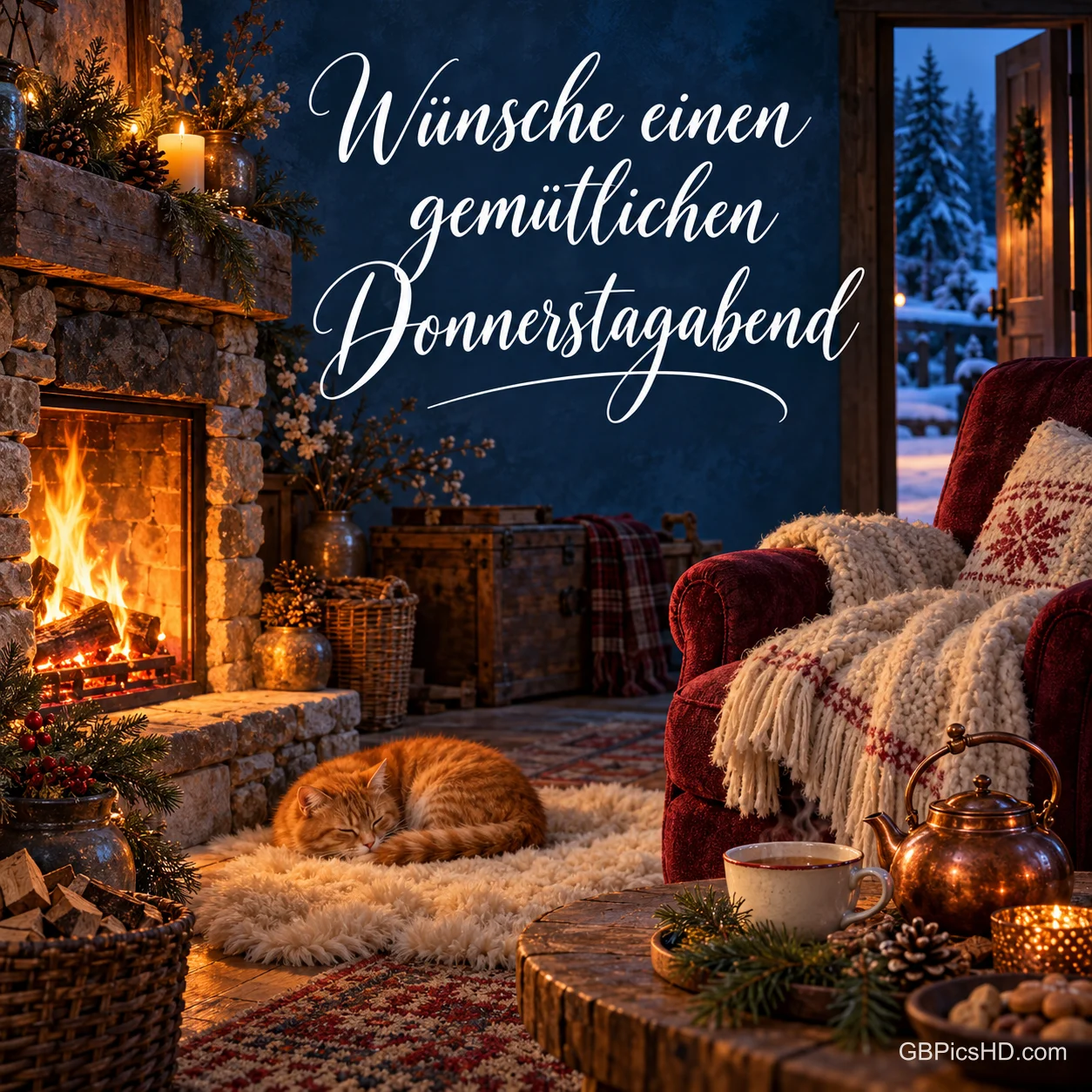 Eine Katze schläft vor dem Kamin neben einem Sessel unter "Wünsche einen gemütlichen Donnerstagabend".