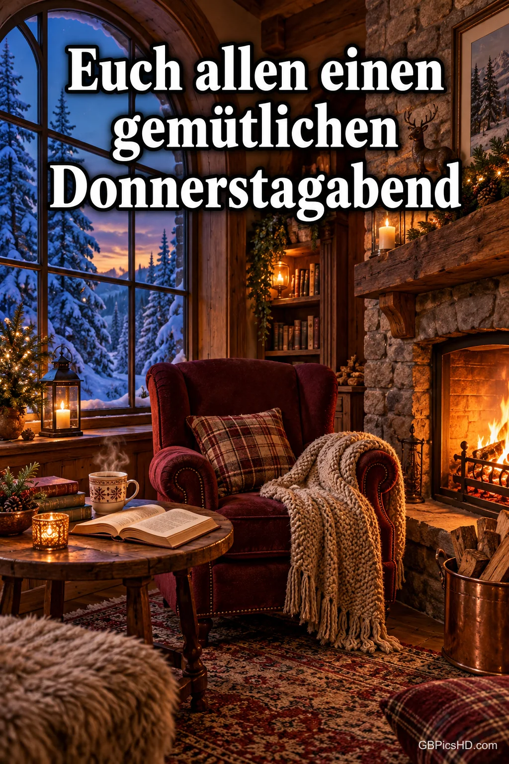 Gemütliches Wohnzimmer mit Kaminfeuer, rotem Ohrensessel, Buch und Tee vor einem Fenster mit verschneiten Tannen, Text "Euch allen einen gemütlichen Donnerstagabend"