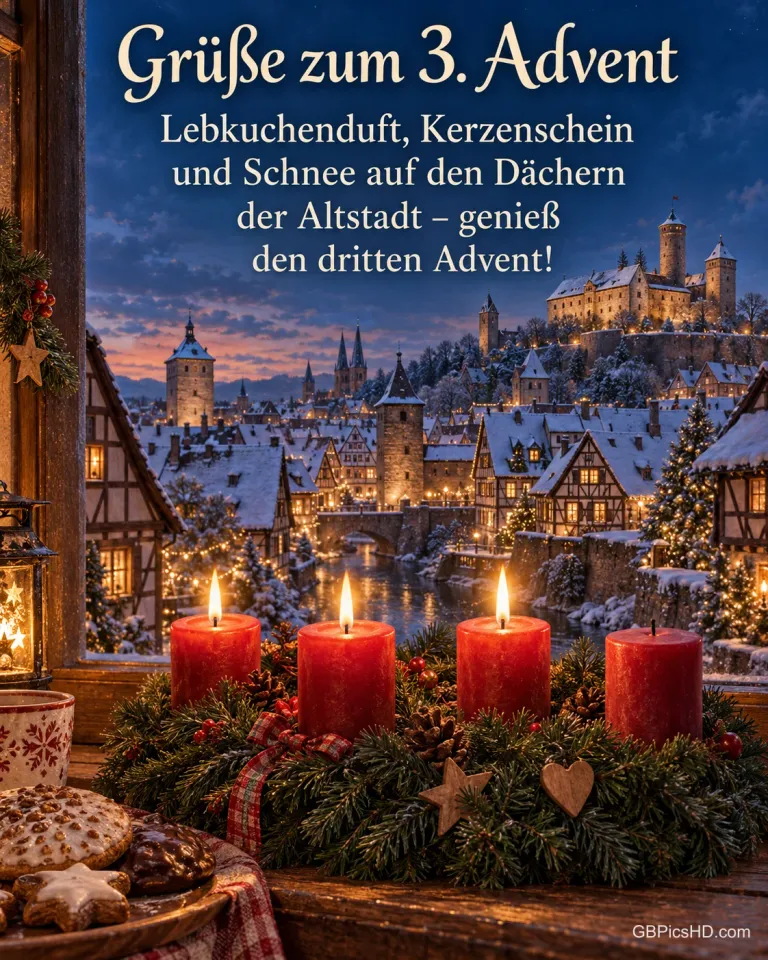 Eine verschneite fränkische Altstadt mit Fachwerkhäusern und Burg in der Dämmerung, vorn auf der Fensterbank Lebkuchen und drei brennende Kerzen am Adventskranz, dazu "Grüße zum 3. Advent".