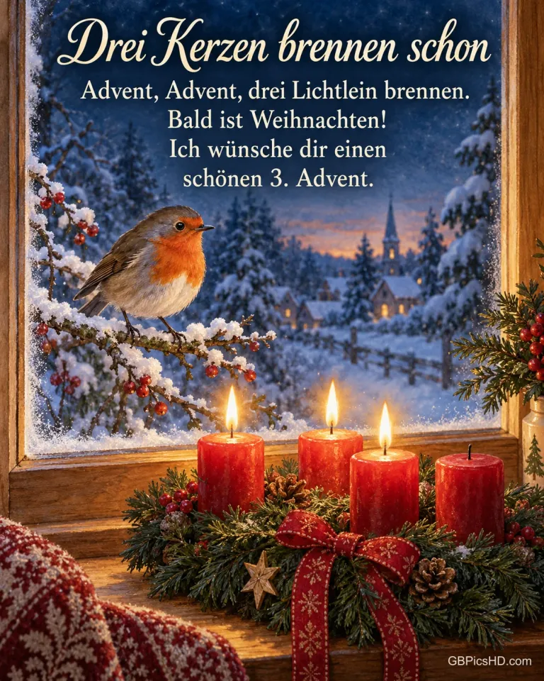 Ein Rotkehlchen sitzt auf einem verschneiten Zweig vor dem Fenster, auf der Fensterbank brennen drei Kerzen am Adventskranz, dazu "Drei Kerzen brennen schon".
