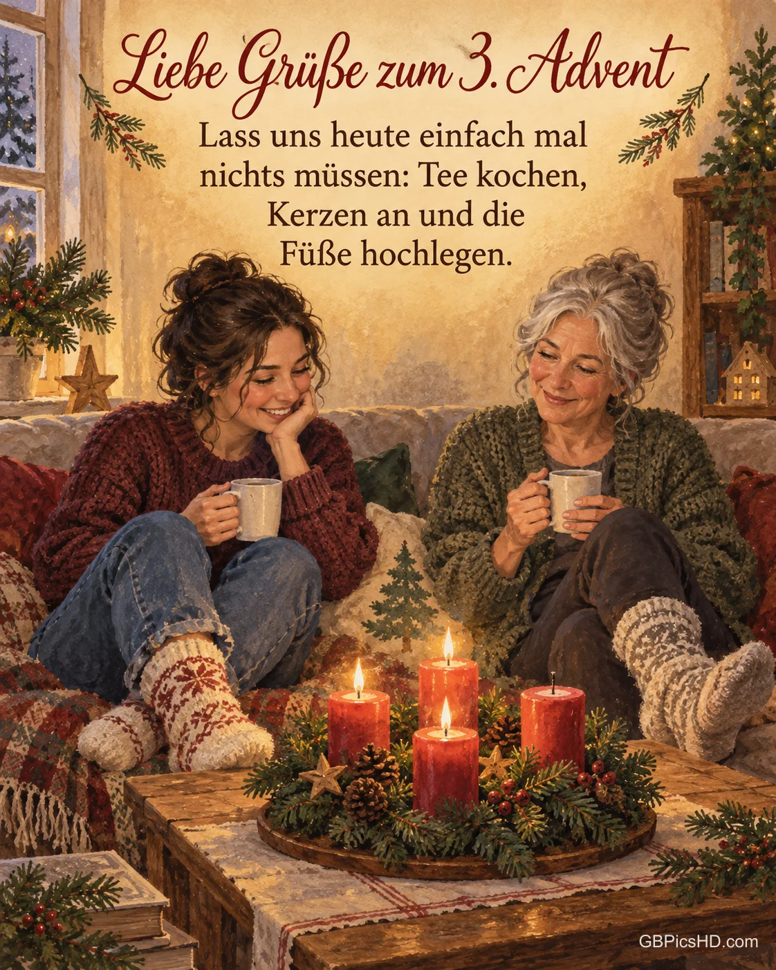 Zwei Freundinnen sitzen in dicken Socken mit Tee auf dem Sofa und lachen, auf dem Tisch brennen drei Kerzen am Adventskranz, dazu „Liebe Grüße zum 3. Advent“. Zwei Freundinnen sitzen in dicken Socken mit Tee auf dem Sofa und lachen, auf dem Tisch brennen drei Kerzen am Adventskranz, dazu „Liebe Grüße zum 3. Advent“.