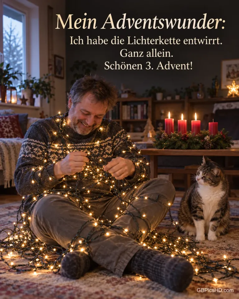 Ein Mann sitzt lachend, ganz in eine Lichterkette verheddert, auf dem Wohnzimmerboden, eine Katze schaut zu, dahinter drei brennende Kerzen am Adventskranz, dazu "Mein Adventswunder".