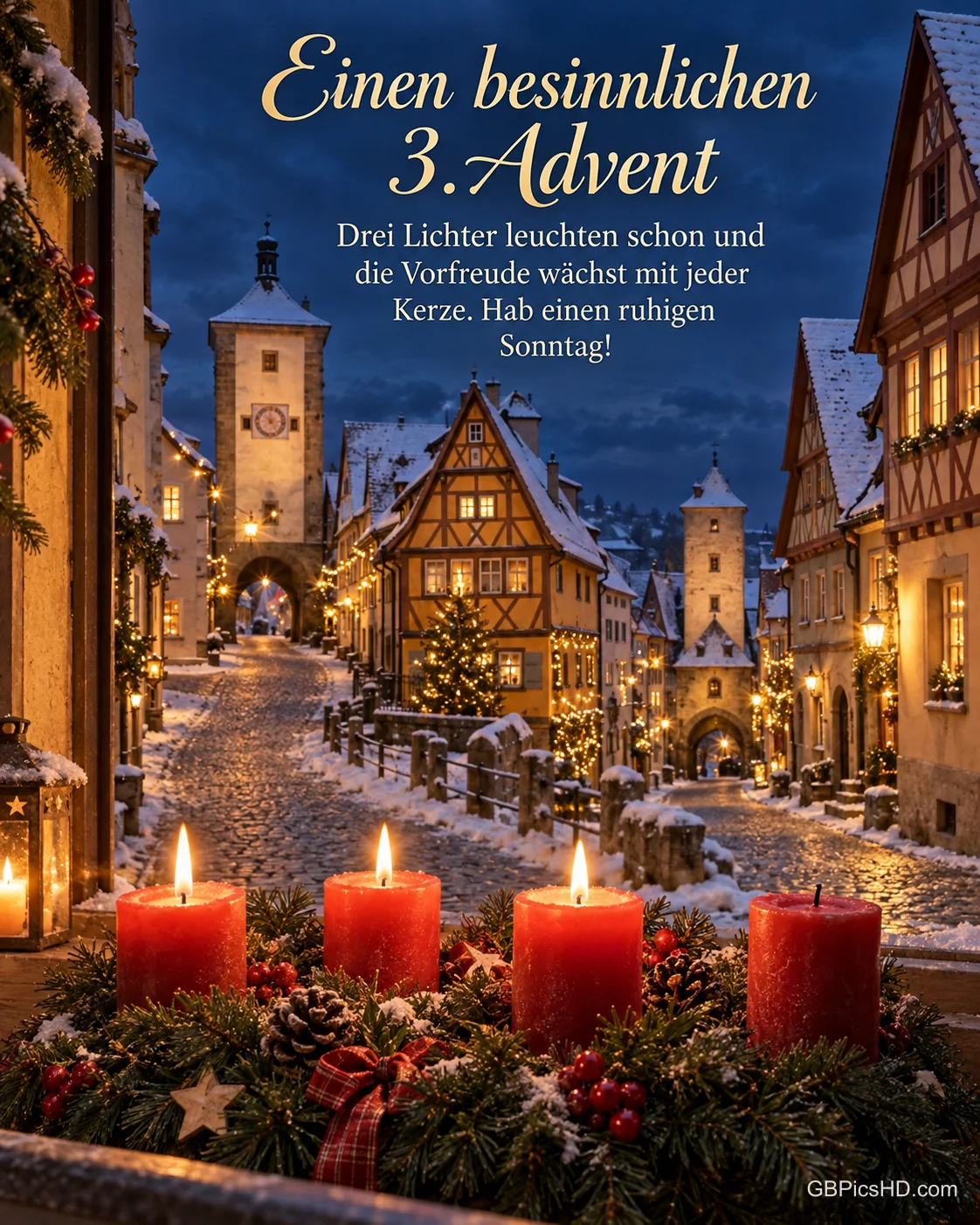 Das verschneite Plönlein in Rothenburg ob der Tauber zur blauen Stunde, vorn brennen drei Kerzen am Adventskranz, dazu „Einen besinnlichen 3. Advent“.