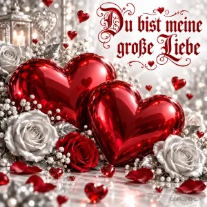 Zwei glänzende rote Herzen liegen zwischen weißen und roten Rosen, darüber steht in roter verzierter Schrift "Du bist meine große Liebe".