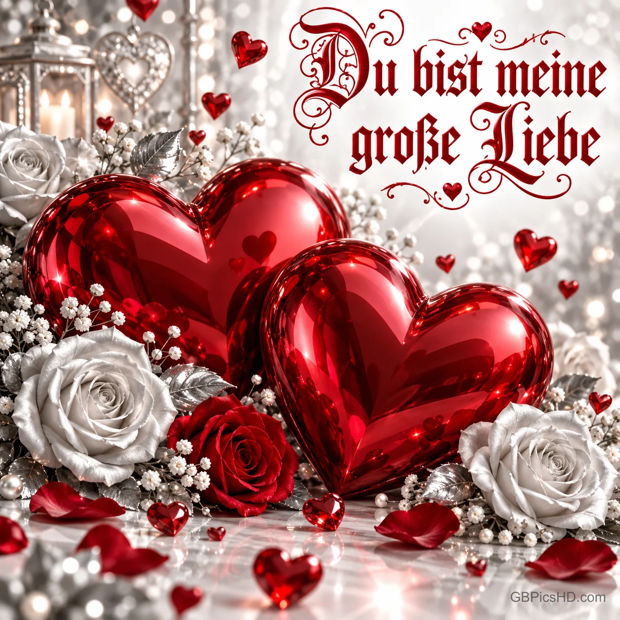 Zwei glänzende rote Herzen liegen zwischen weißen und roten Rosen, darüber steht in roter verzierter Schrift "Du bist meine große Liebe".