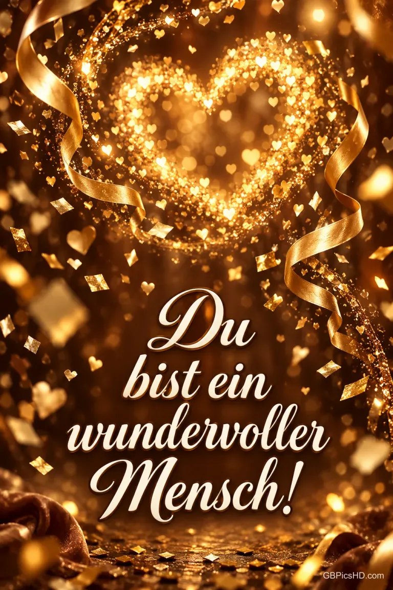 Funkelndes Herz aus Lichtern mit goldenem Konfetti und Bändern, dazu der Text "Du bist ein wundervoller Mensch!".