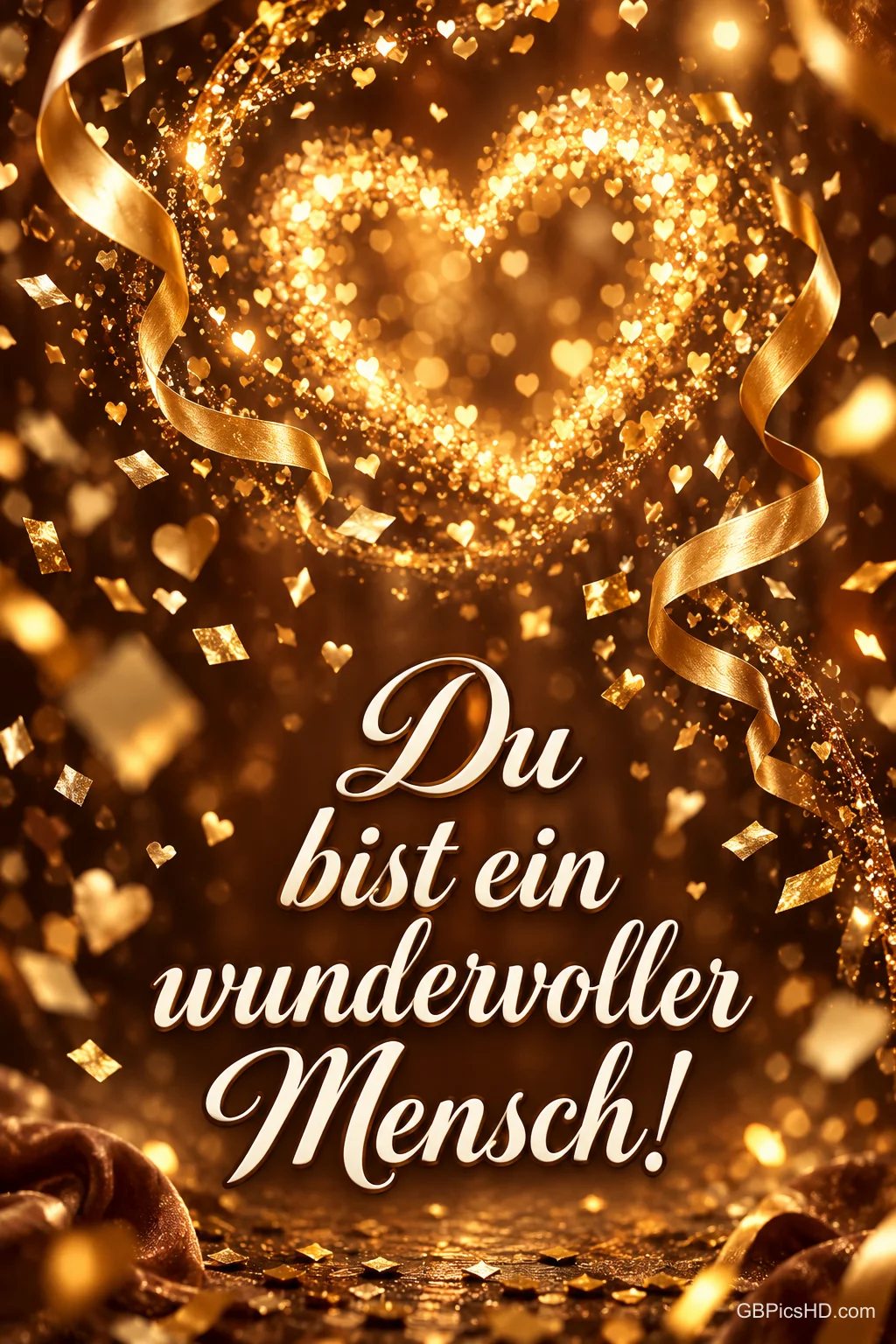 Funkelndes Herz aus Lichtern mit goldenem Konfetti und Bändern, dazu der Text "Du bist ein wundervoller Mensch!". Funkelndes Herz aus Lichtern mit goldenem Konfetti und Bändern, dazu der Text "Du bist ein wundervoller Mensch!".
