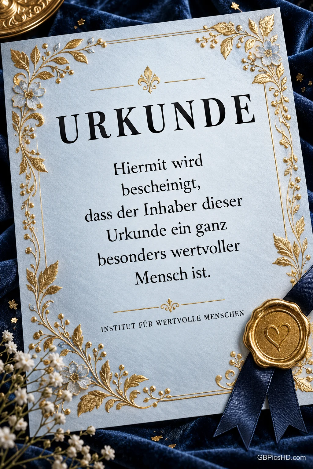 Elegante Urkunde mit goldenem Rankenrahmen und Wachssiegel auf blauem Samt mit dem Text "Hiermit wird bescheinigt, dass der Inhaber dieser Urkunde ein ganz besonders wertvoller Mensch ist." Elegante Urkunde mit goldenem Rankenrahmen und Wachssiegel auf blauem Samt mit dem Text "Hiermit wird bescheinigt, dass der Inhaber dieser Urkunde ein ganz besonders wertvoller Mensch ist."