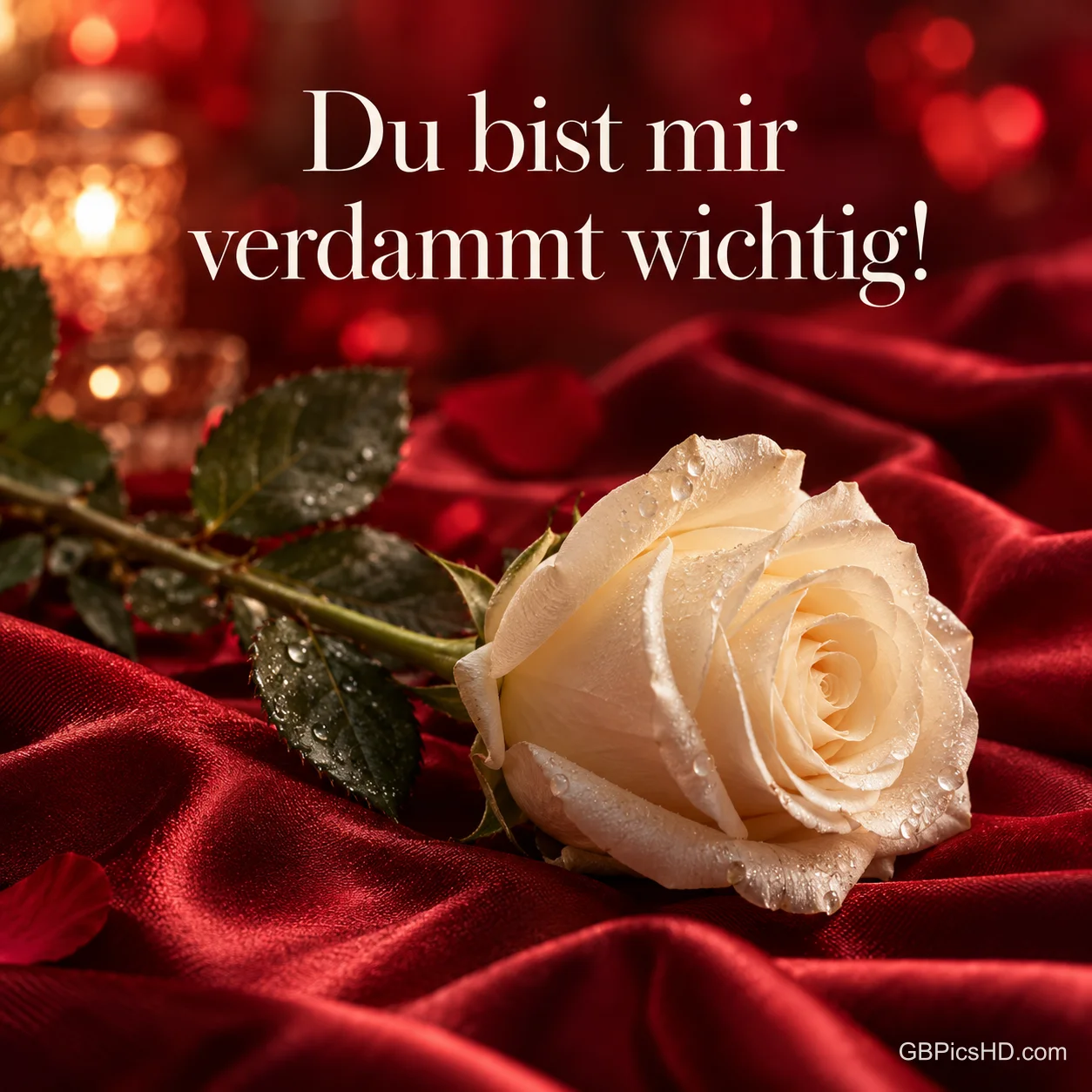 Cremeweiße Rose mit Tautropfen auf rotem Satin im Kerzenschein mit dem Text "Du bist mir verdammt wichtig!". Cremeweiße Rose mit Tautropfen auf rotem Satin im Kerzenschein mit dem Text "Du bist mir verdammt wichtig!".