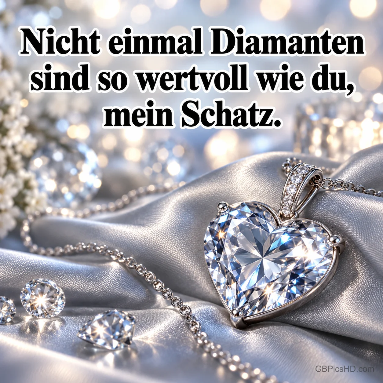 Herzförmiger Diamantanhänger auf silbernem Satin mit funkelnden Steinen und dem Spruch "Nicht einmal Diamanten sind so wertvoll wie du, mein Schatz." Herzförmiger Diamantanhänger auf silbernem Satin mit funkelnden Steinen und dem Spruch "Nicht einmal Diamanten sind so wertvoll wie du, mein Schatz."