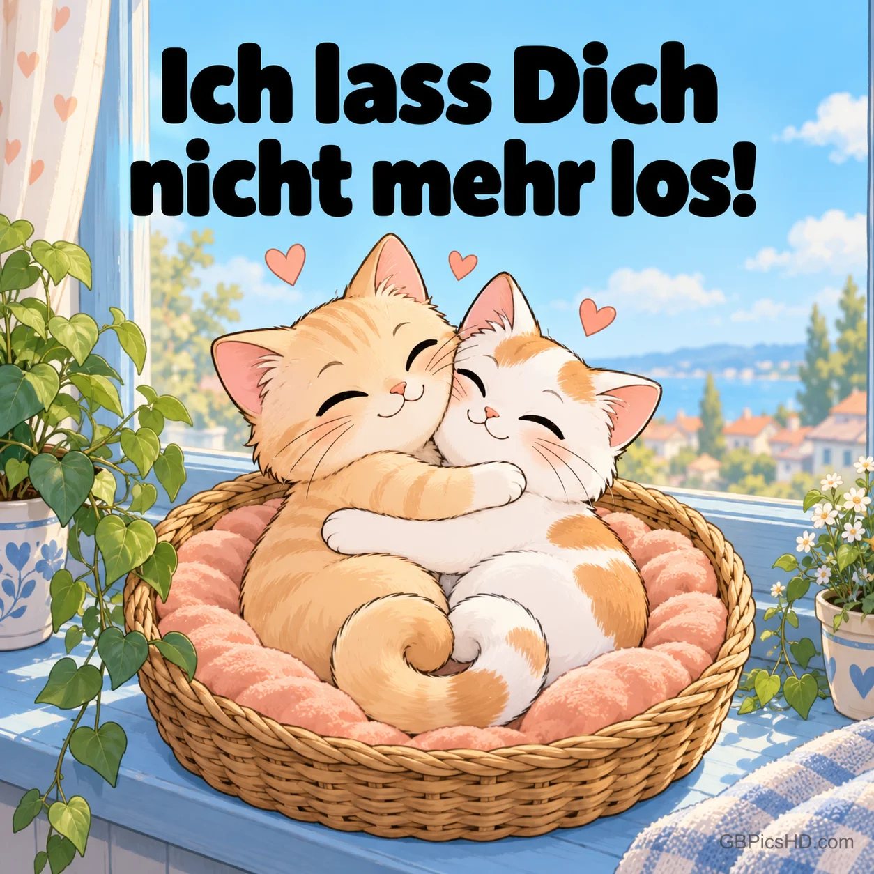 Zwei niedliche Kätzchen kuscheln in einem Korb am Fenster, darüber der Text "Ich lass Dich nicht mehr los!". Zwei niedliche Kätzchen kuscheln in einem Korb am Fenster, darüber der Text "Ich lass Dich nicht mehr los!".