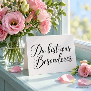 Weiße Karte mit der Aufschrift "Du bist was Besonderes" neben einer Vase mit rosa Eustoma auf einer hellen Fensterbank.