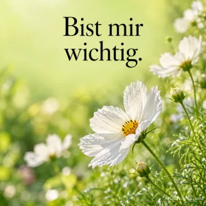 Weiße Schmuckkörbchen-Blüte in einer sonnigen grünen Wiese mit dem Text "Bist mir wichtig.".