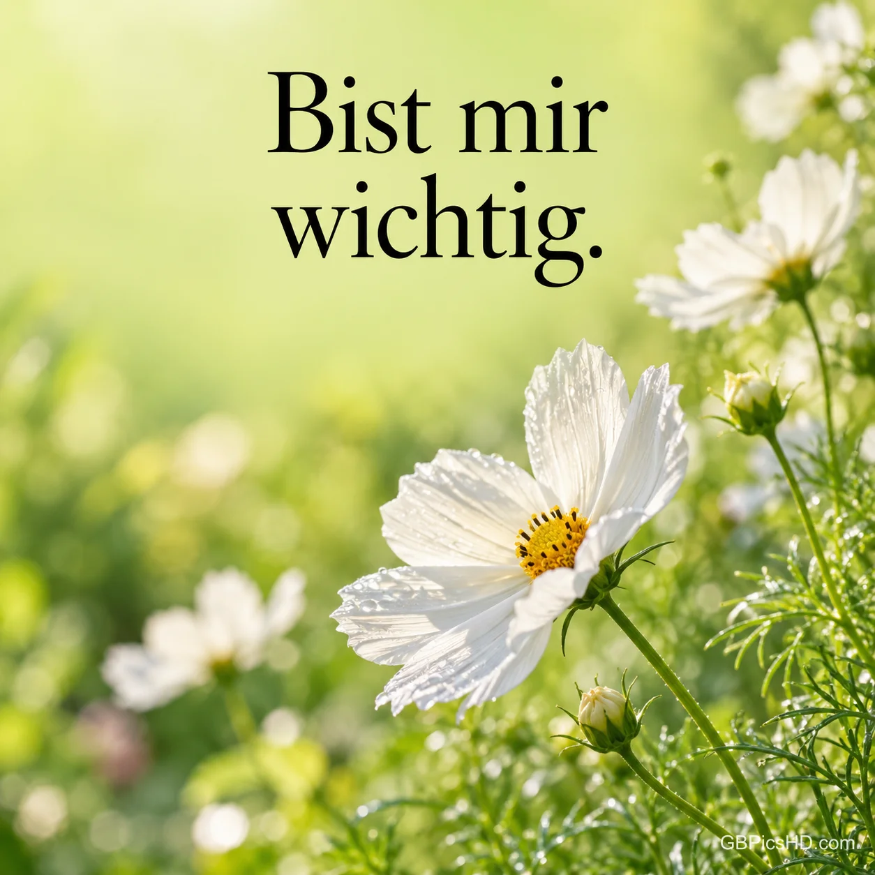 Weiße Schmuckkörbchen-Blüte in einer sonnigen grünen Wiese mit dem Text "Bist mir wichtig.". Weiße Schmuckkörbchen-Blüte in einer sonnigen grünen Wiese mit dem Text "Bist mir wichtig.".