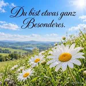 Margeriten auf einer Sommerwiese vor weiter Hügellandschaft und blauem Himmel mit dem Schriftzug "Du bist etwas ganz Besonderes.".