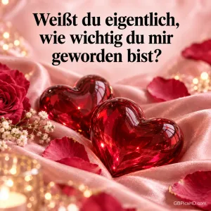 Zwei glänzende rote Glasherzen auf rosa Satin mit Rosenblättern und der Frage "Weißt du eigentlich, wie wichtig du mir geworden bist?".
