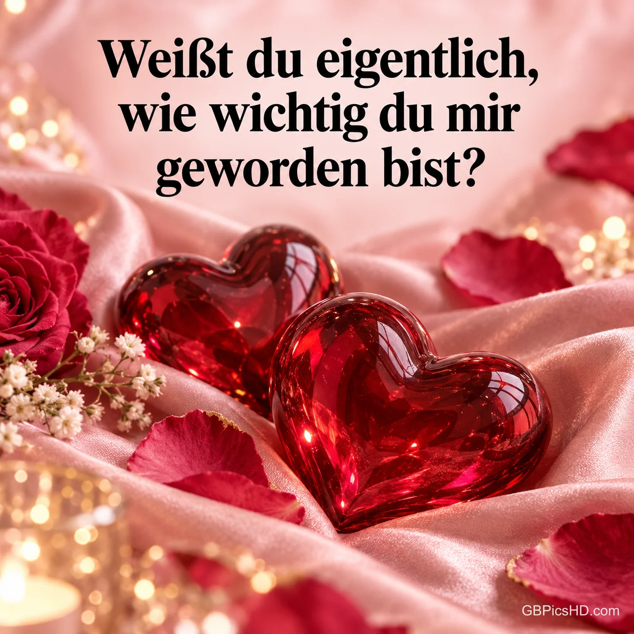 Zwei glänzende rote Glasherzen auf rosa Satin mit Rosenblättern und der Frage "Weißt du eigentlich, wie wichtig du mir geworden bist?". Zwei glänzende rote Glasherzen auf rosa Satin mit Rosenblättern und der Frage "Weißt du eigentlich, wie wichtig du mir geworden bist?".
