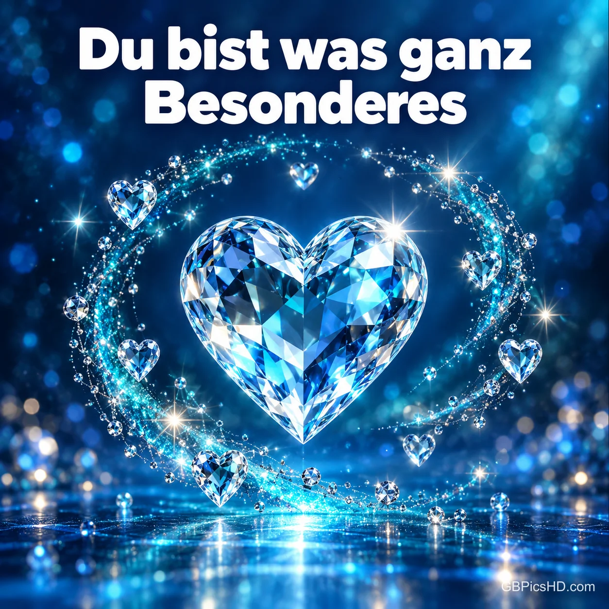 Ein funkelndes Kristallherz, umgeben von kleinen Herzen und Lichtern auf blauem Grund, mit dem Satz "Du bist was ganz Besonderes". Ein funkelndes Kristallherz, umgeben von kleinen Herzen und Lichtern auf blauem Grund, mit dem Satz "Du bist was ganz Besonderes".