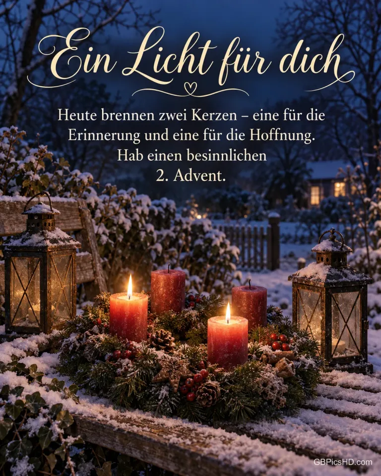 Ein Adventskranz mit zwei brennenden Kerzen steht mit zwei alten Laternen auf einer verschneiten Gartenbank zur blauen Stunde, dazu "Ein Licht für dich".