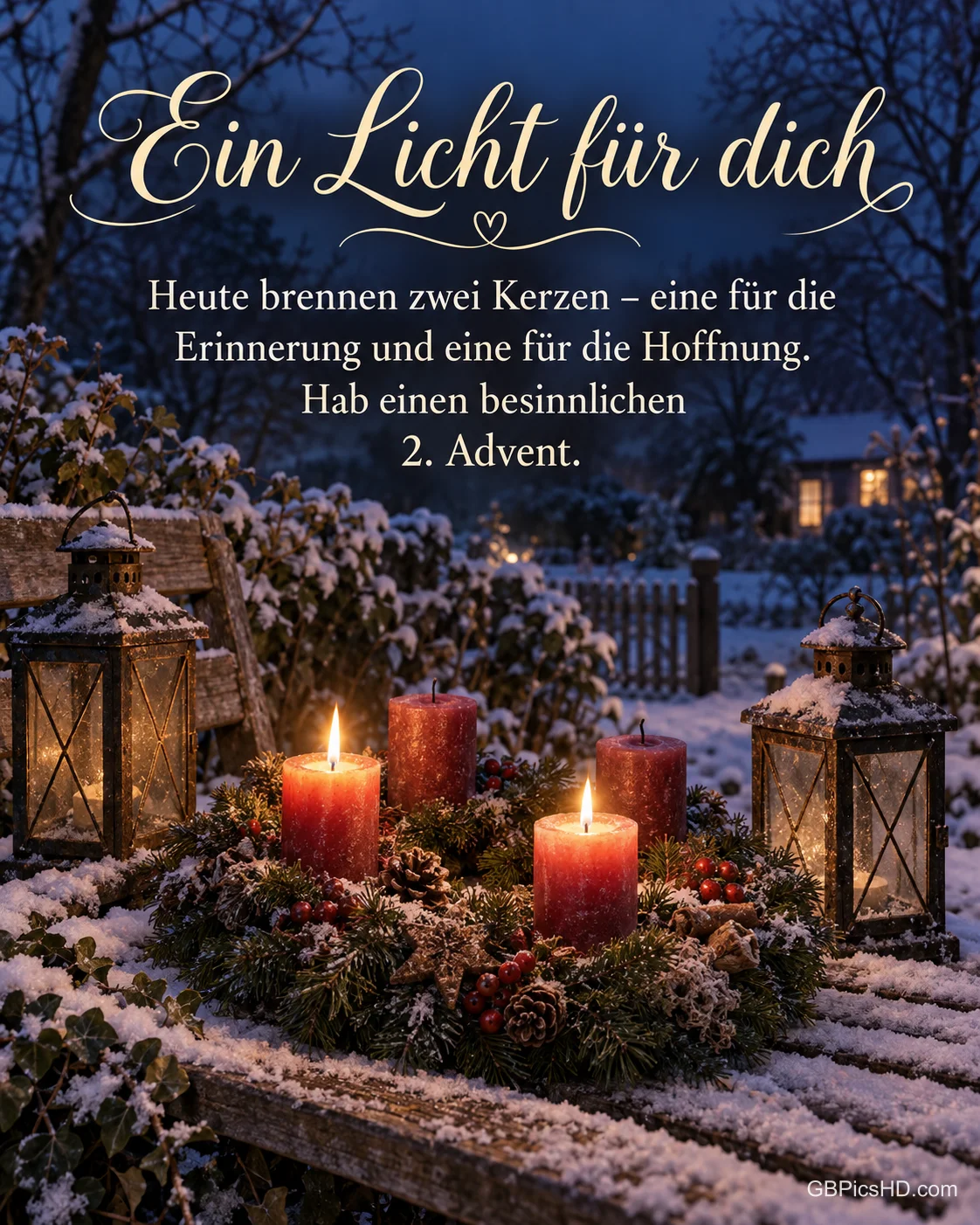 Ein Adventskranz mit zwei brennenden Kerzen steht mit zwei alten Laternen auf einer verschneiten Gartenbank zur blauen Stunde, dazu "Ein Licht für dich".